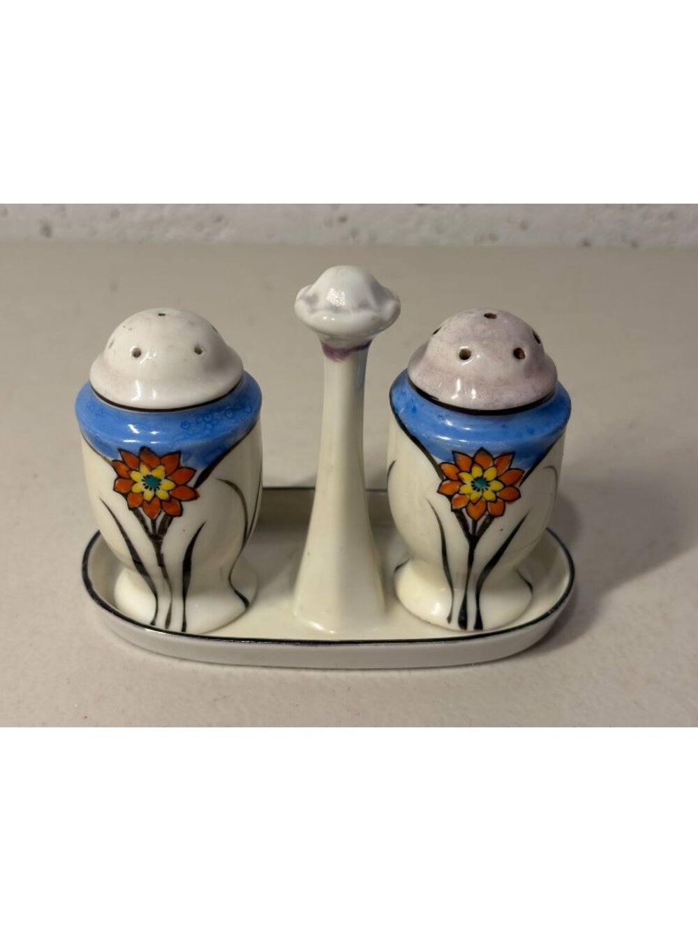 Japanese Lusterware Salt and Pepper Shakers Caddy Hand Painted Art Deco Floral